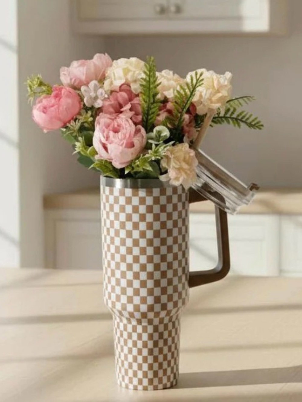 Checkered Tumbler and Artificial Flower Gift Set, 40 oz,